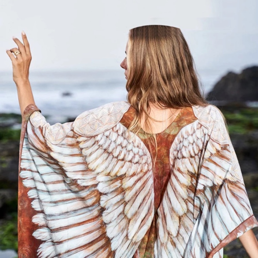 Angel Wings Feather Print Sheer Peach Kimono - Picture 2 of 5